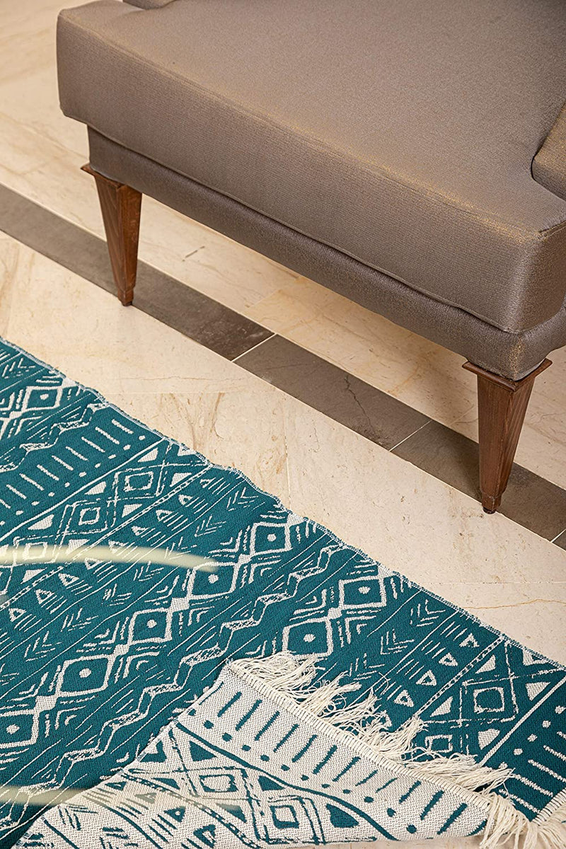SOLTAKO tapis tapis de passage réversible avec franges et motifs rétro boho ethno marocain berbère lavable vintage modèle Djerba, 135x65 cm